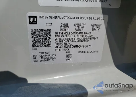 2024 Chevrolet Silverado из США, поврежденный, VIN 3GCUDFED6RG426871